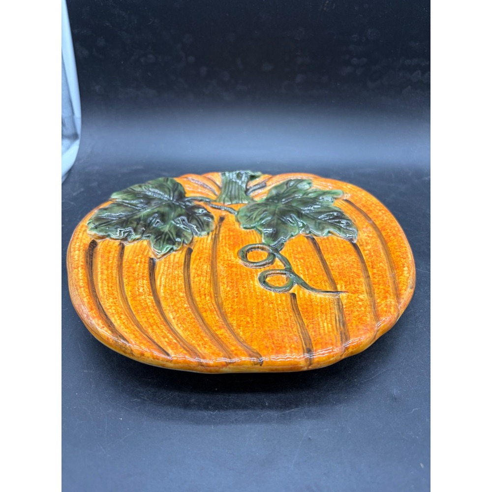 Vintage Hand Painted Ceramic Pumpkin Plate Orange Harvest Fall Decor 8 Inch